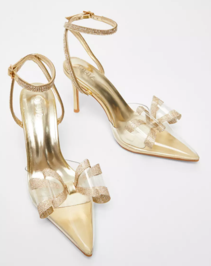 Gold Bow Diamante Court Heels